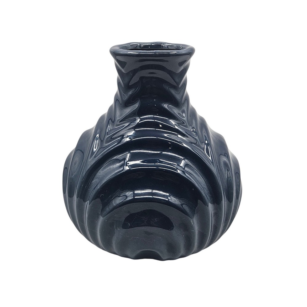 Navy Blue Ribbed Ceramic Vase Glossy Sculptural Wave Design 7 Inch